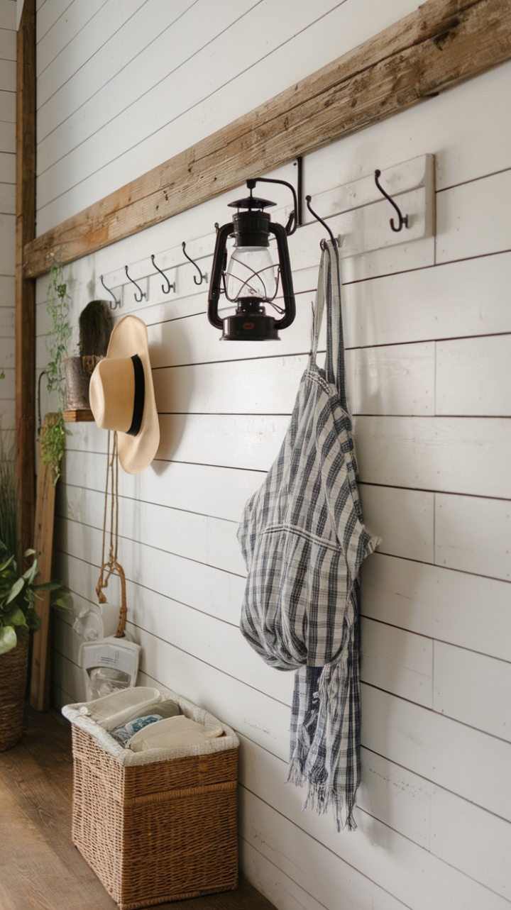 Cozy Chic: Shiplap Wall with Lantern and Woven Basket