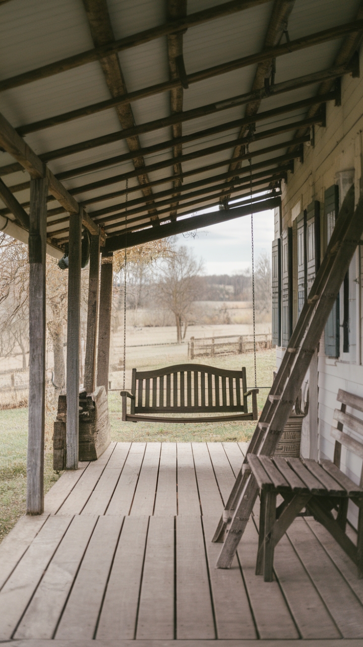 Rustic Country Porch with Swing and Wooden Bench