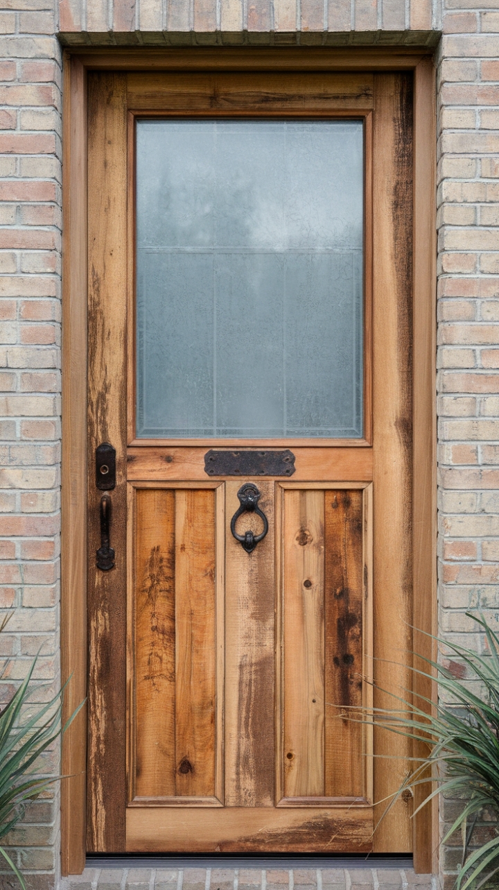 Warm Welcome: Natural Wood Door with Modern Farmhouse Charm