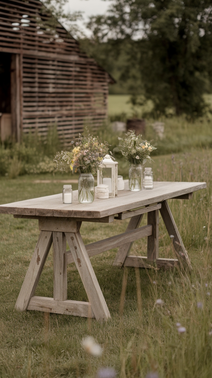 Rustic Reclaimed Wood Trestle Table Surrounded by Wildflowers