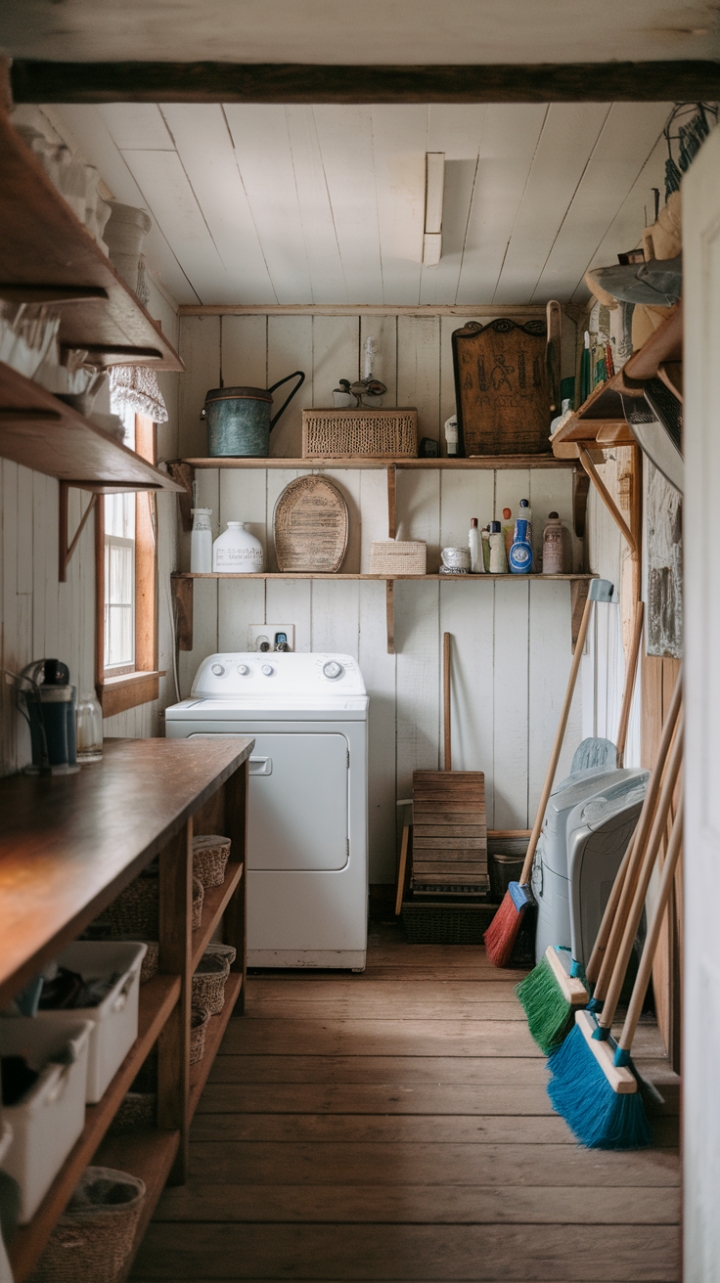 Warm Wood Charm: A Farmhouse Laundry Room with Vintage Appeal