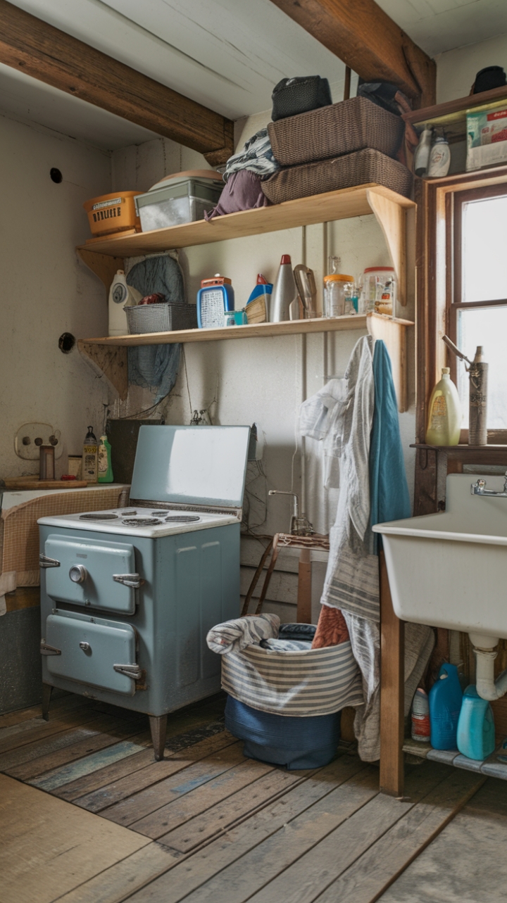 Rustic Charm: A Laundry Space with Vintage Stove and Aged Details