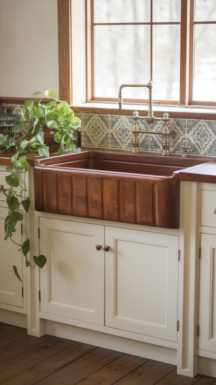 Charming Kitchen Vignette with Fireclay Sink and Greenery