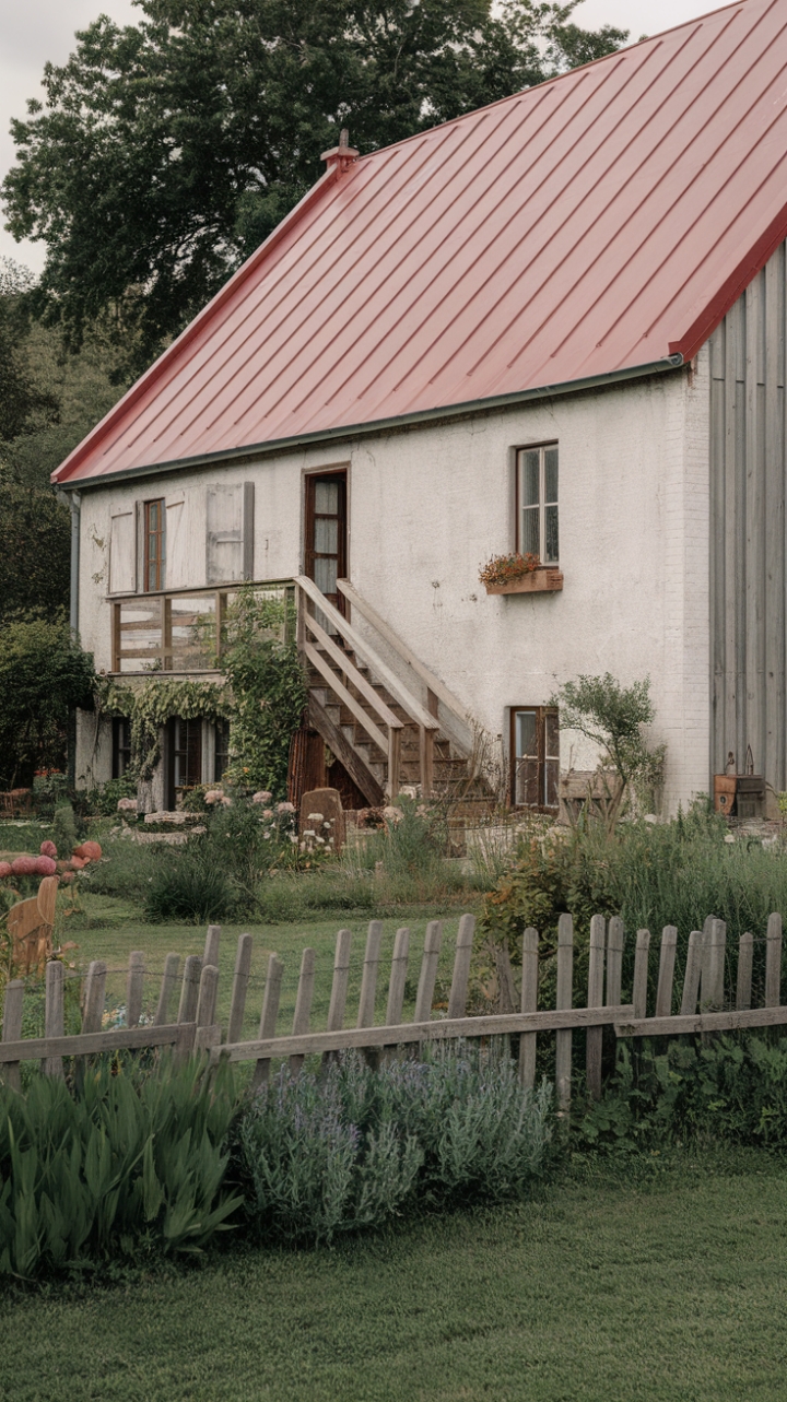 Idyllic White Farmhouse Surrounded by Lush Gardens