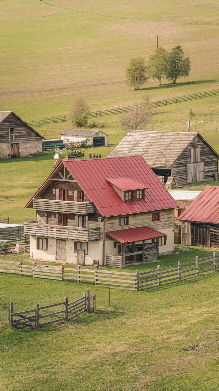 Tranquil Farmstead Charm with Wooden Balconies and Rolling Pastures