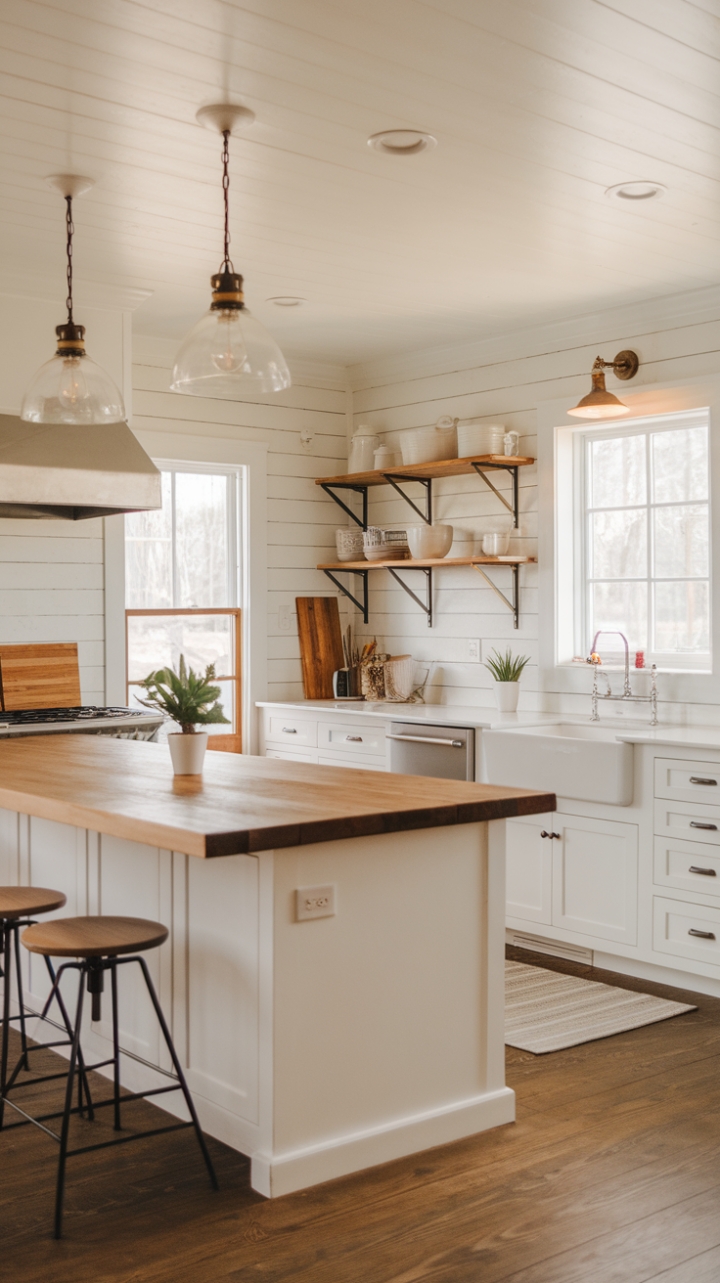 Farmhouse Charm: A Bright, Welcoming Kitchen with Open Shelving and Spacious Island