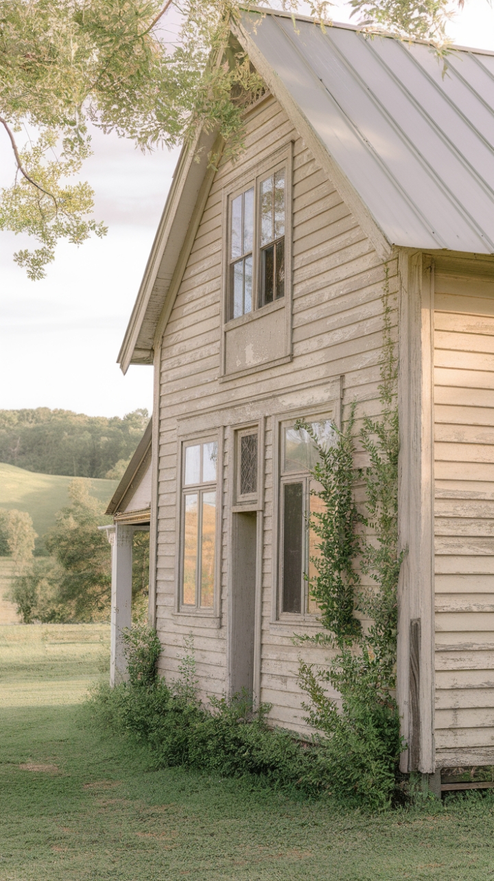 Charming Vintage Farmhouse with Beige Wooden Exterior and Lush Surroundings