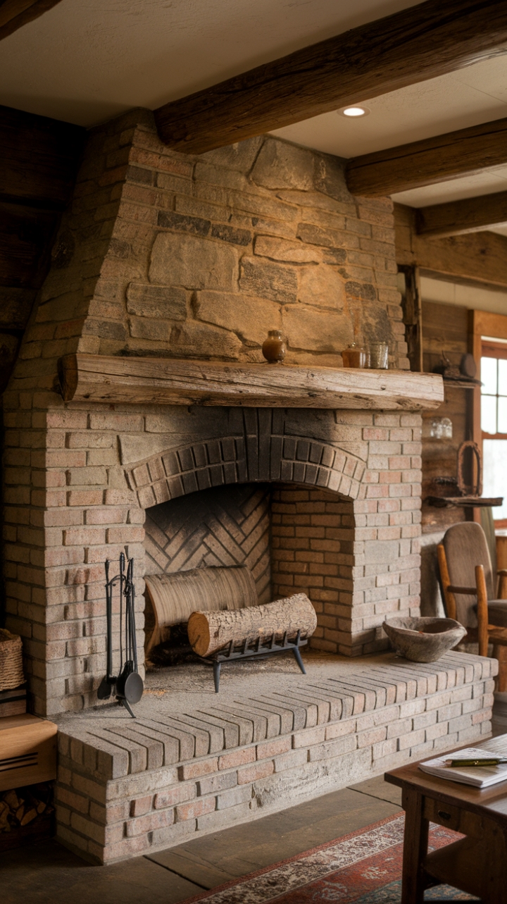 Timeless Elegance: Farmhouse Fireplace with Stone, Brick, and Wooden Accents