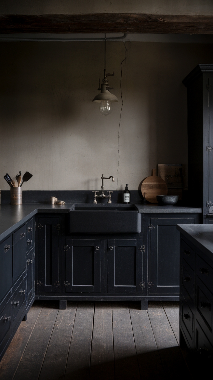 Embracing Darkness: A Rustic Farmhouse Kitchen with Charcoal and Vintage Details