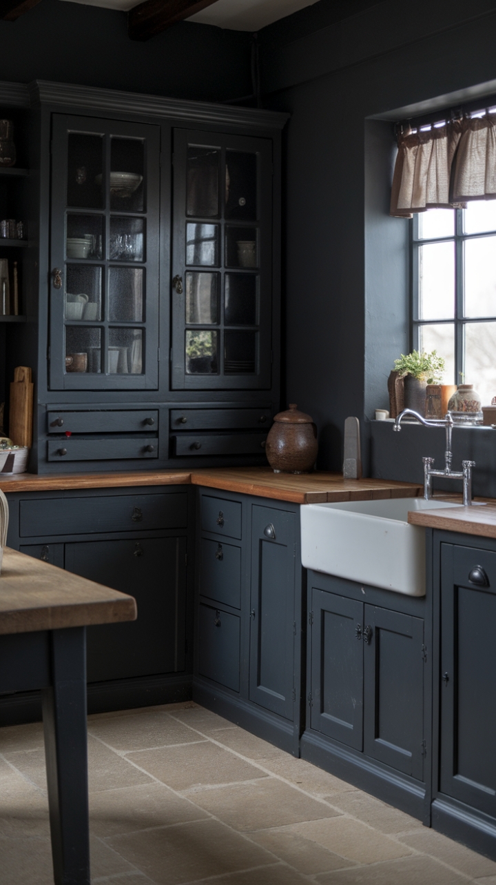 Moody Farmhouse Charm: Charcoal Cabinets and Vintage Details