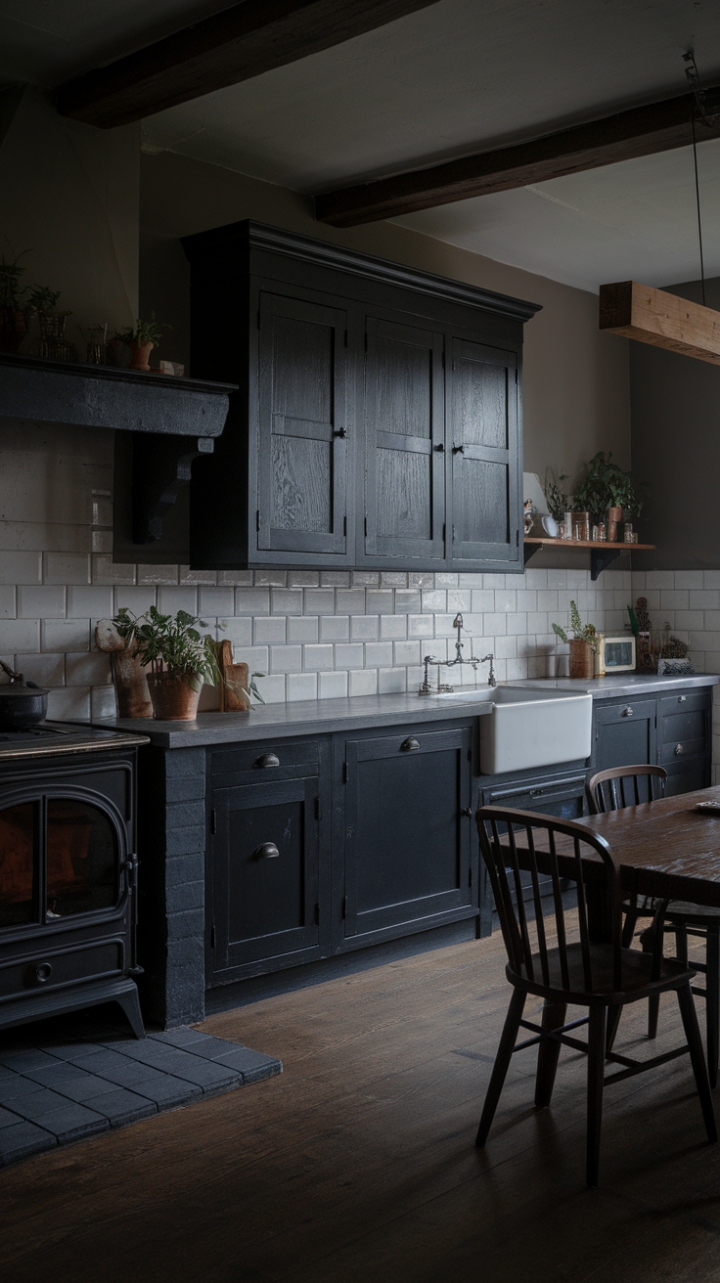 Rustic Elegance: Charcoal Cabinets and Industrial Touches in a Farmhouse Kitchen