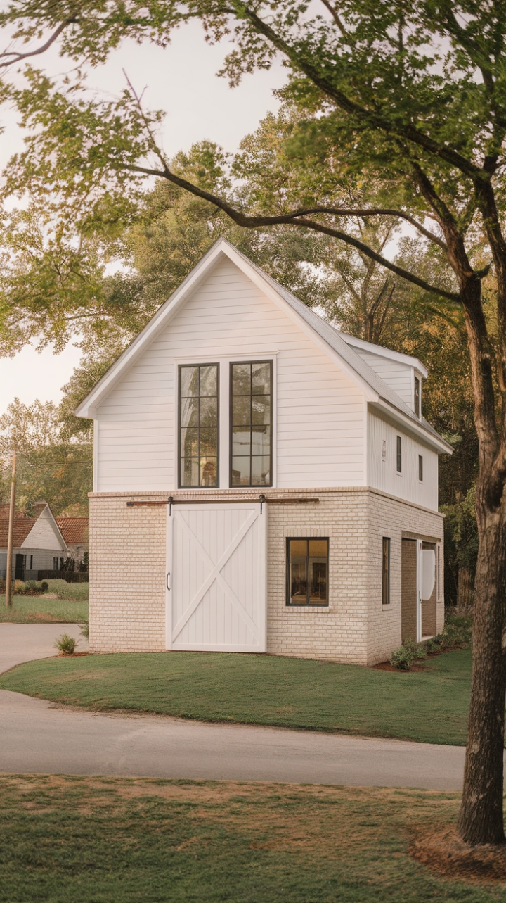 Modern Farmhouse Charm: Beige Brick and White Shiplap with a Statement Barn Door