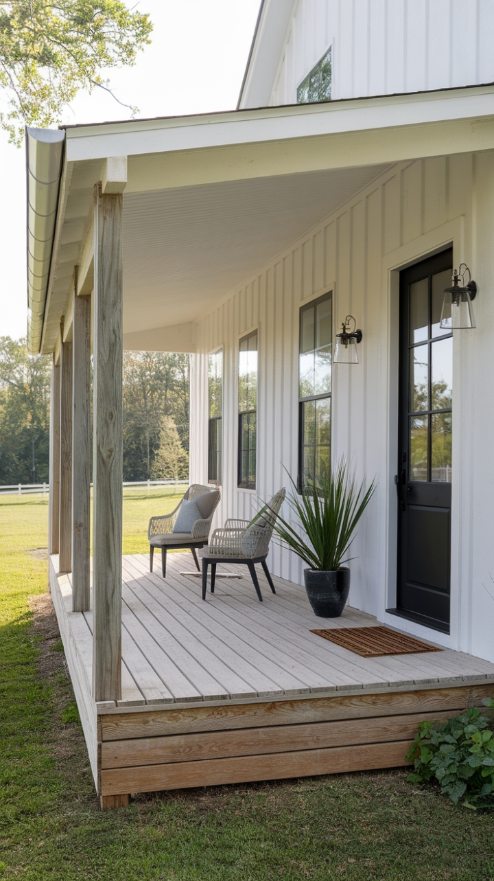 Inviting Farmhouse Style with Crisp White Walls and Lush Surroundings