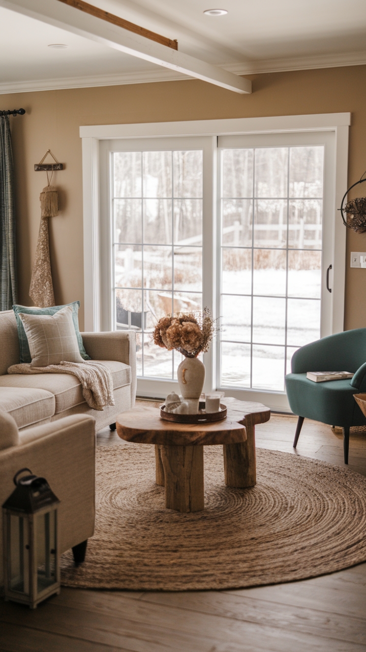 Rustic Charm Meets Modern Comfort in a Cozy Farmhouse Living Room