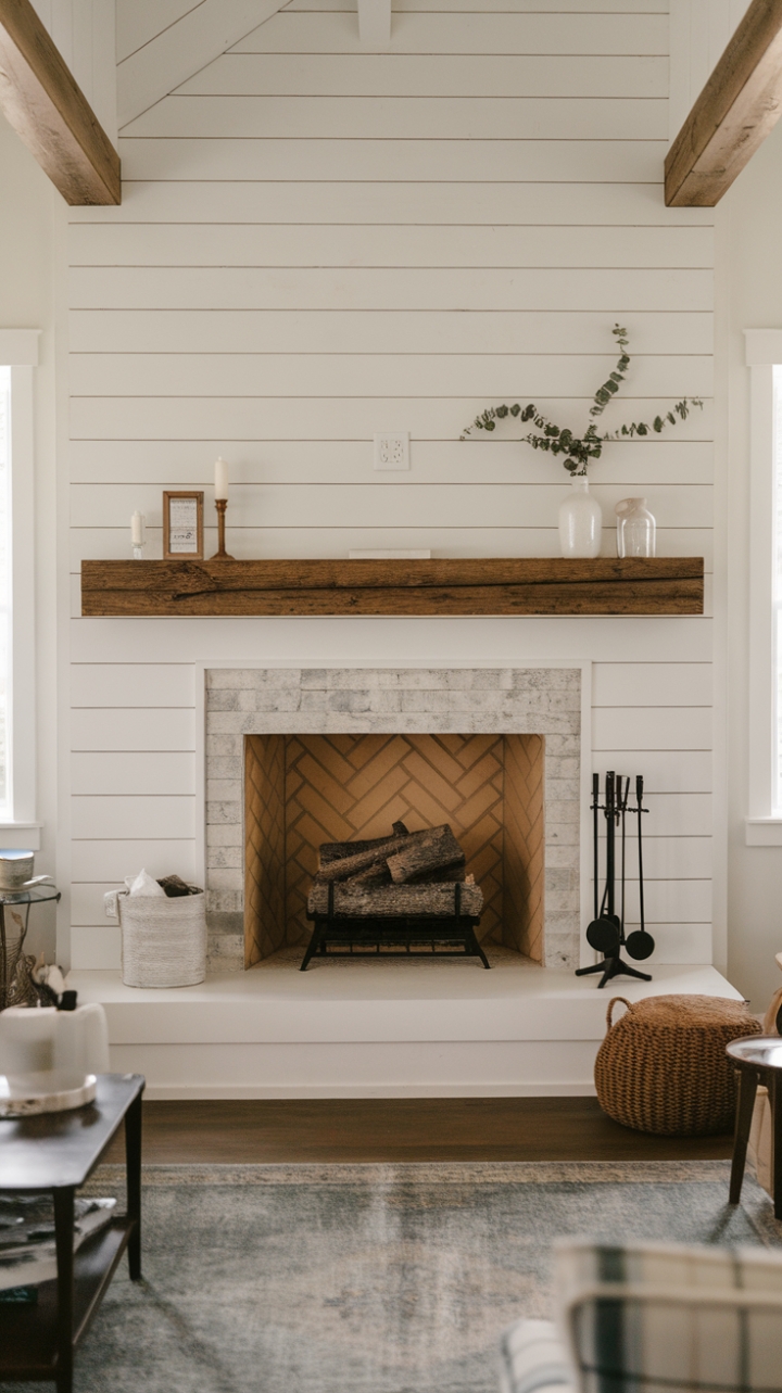 Rustic Charm: Cozy Farmhouse Living Room with Shiplap Fireplace