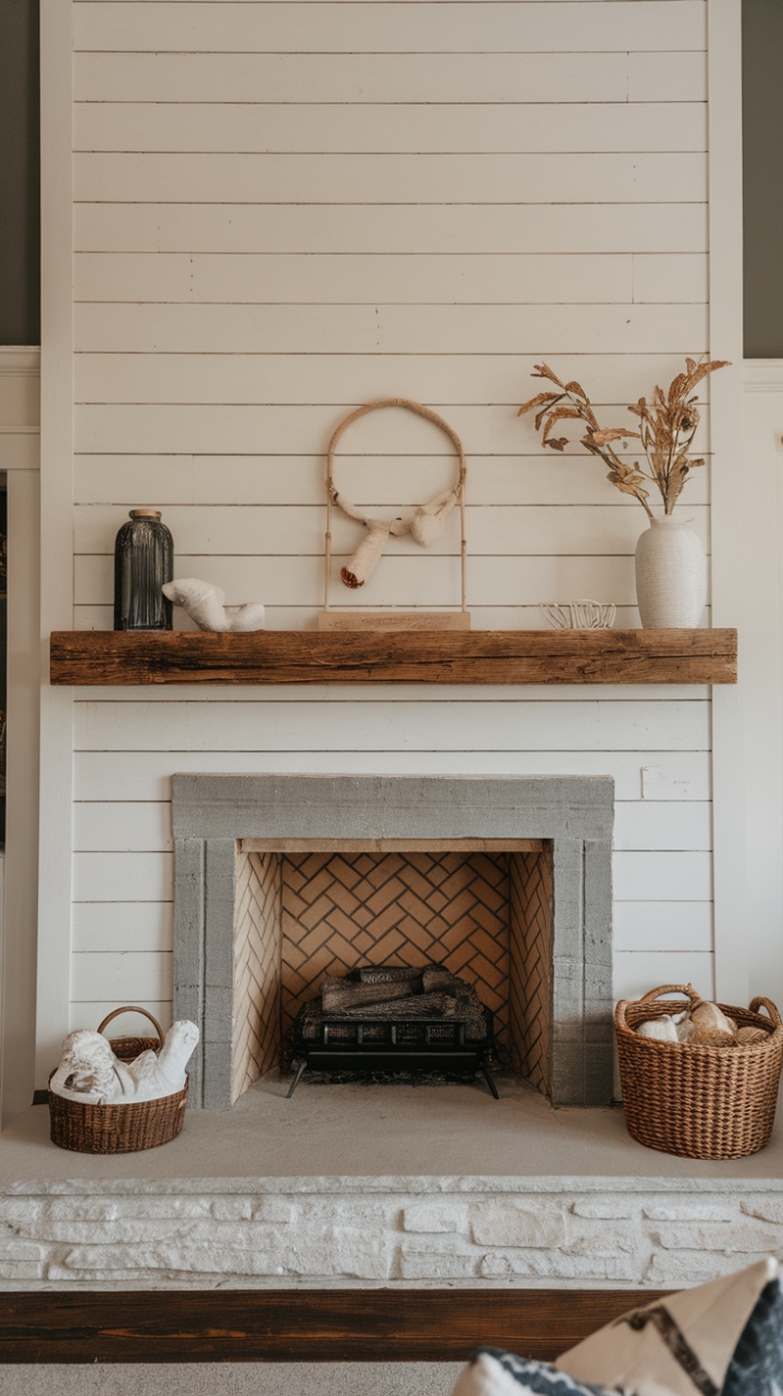 Inviting Shiplap and Stone Fireplace Focal Point