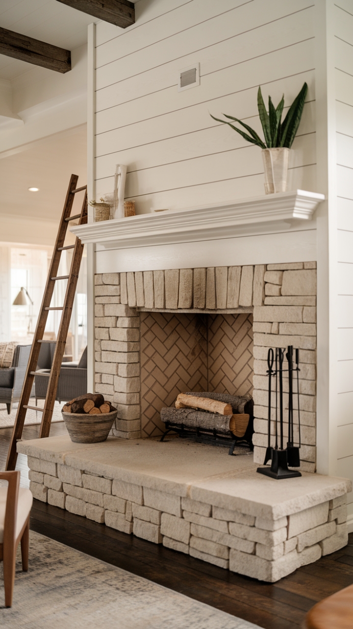 Transitional Charm: Shiplap and Stone Hearth Cozy Elegance: Blending Modern and Rustic Elements in the Farmhouse Hearth