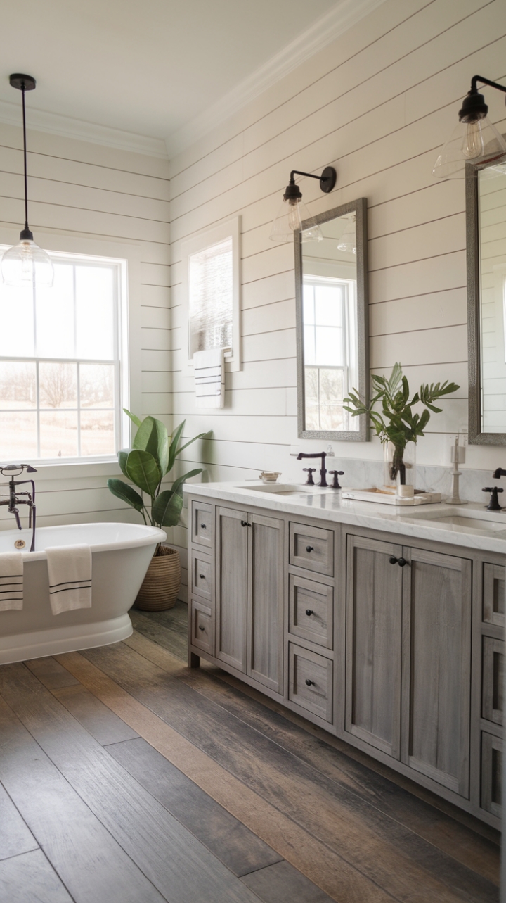 Contemporary Farmhouse Bathroom with Shiplap and Marble Accents