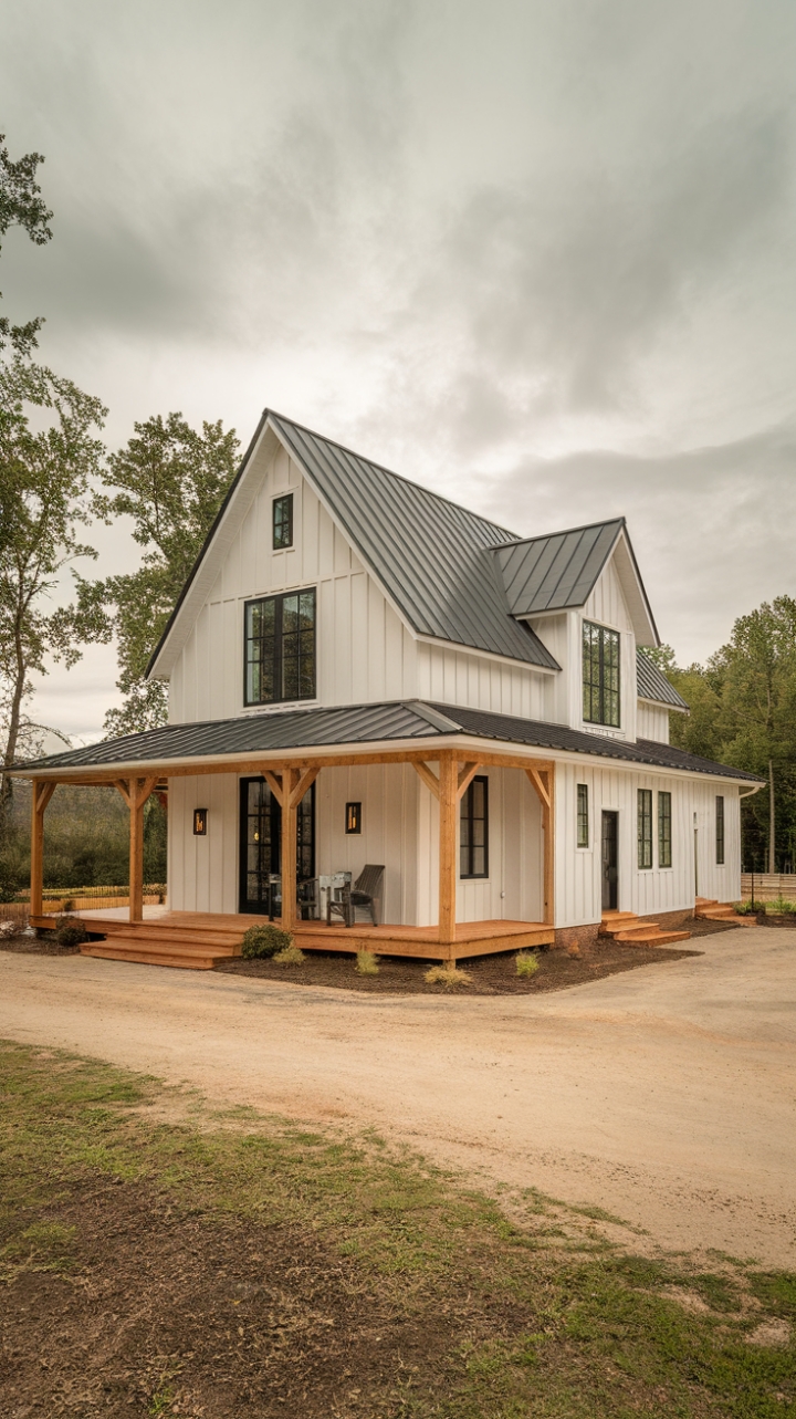 Elegant White Facade with Black Accents and a Cozy Wooden Porch