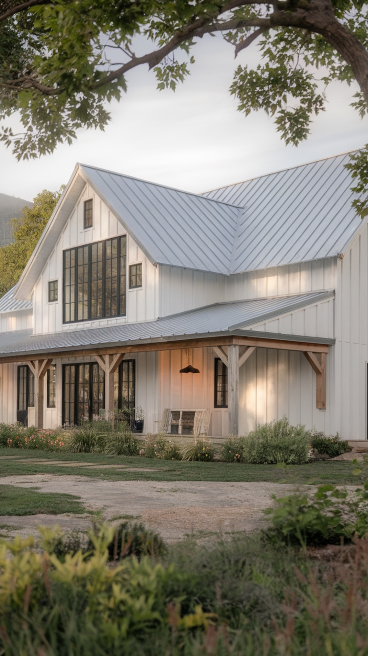 Elegant White Farmhouse with Metal Roof and Vintage Charm