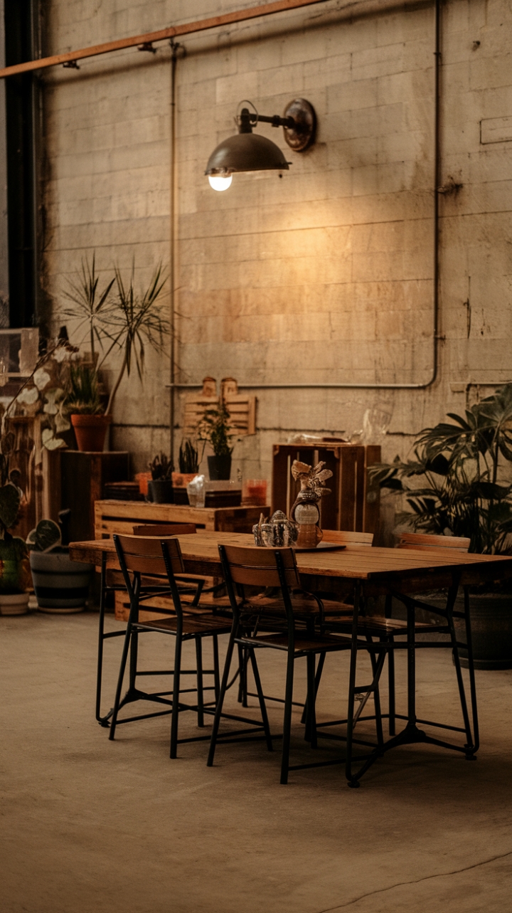 Warmth and Industrial Charm: A Cozy Space with Wooden Accents and Vintage Lighting