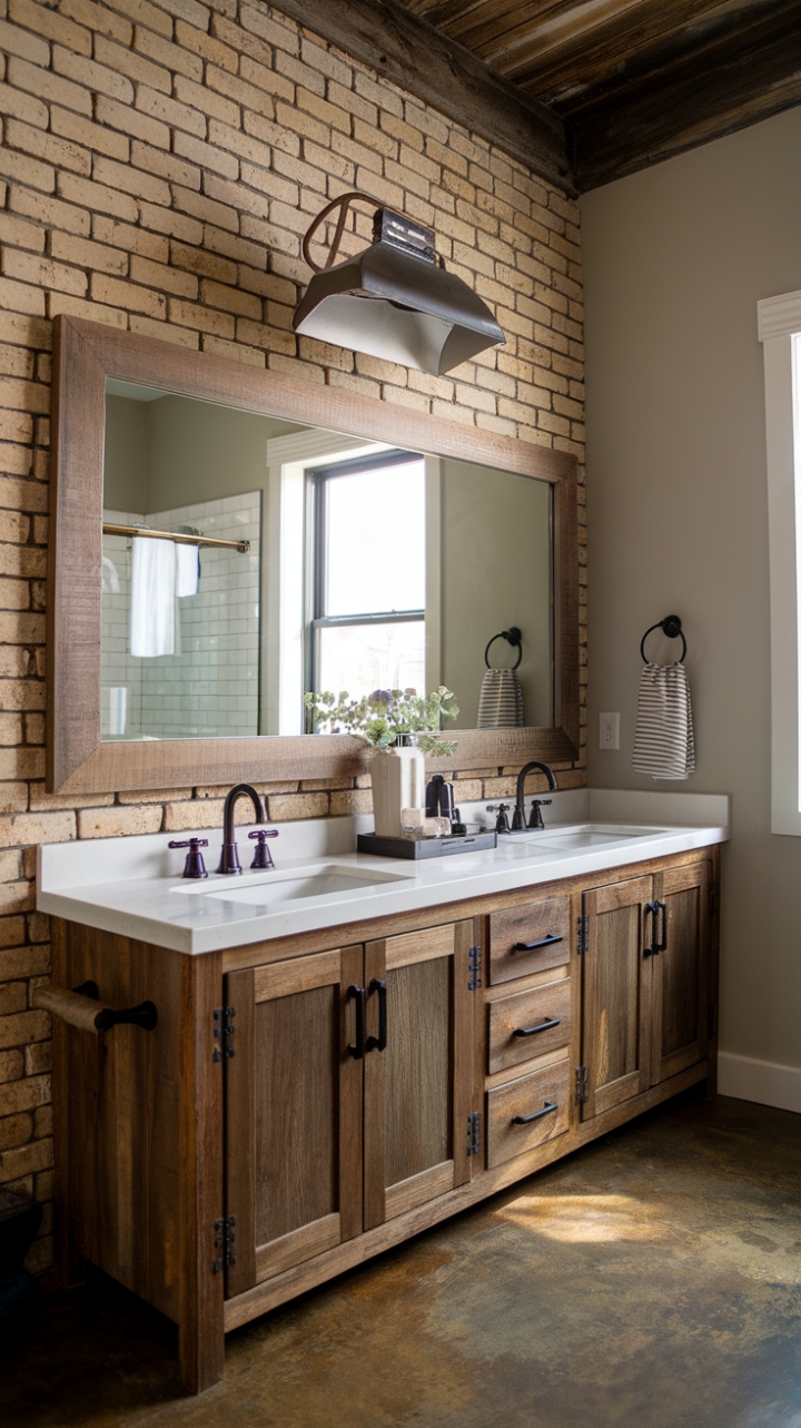 Rugged Brick and Concrete Backdrop Complement Sleek Vanity and Mirror Design