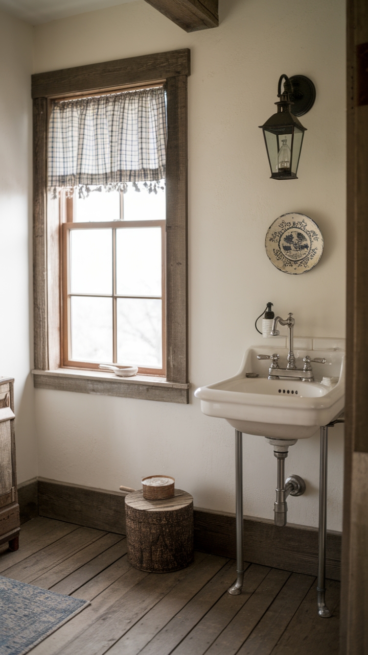 Vintage-Inspired Elegance in a Rustic Powder Space