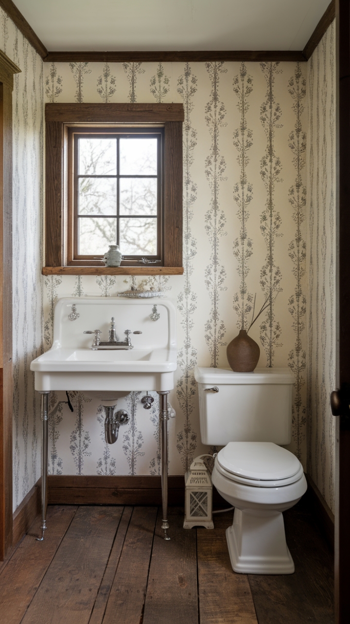 Rustic Elegance: A Cozy Powder Room with Floral Wallpaper and Warm Wood Floors