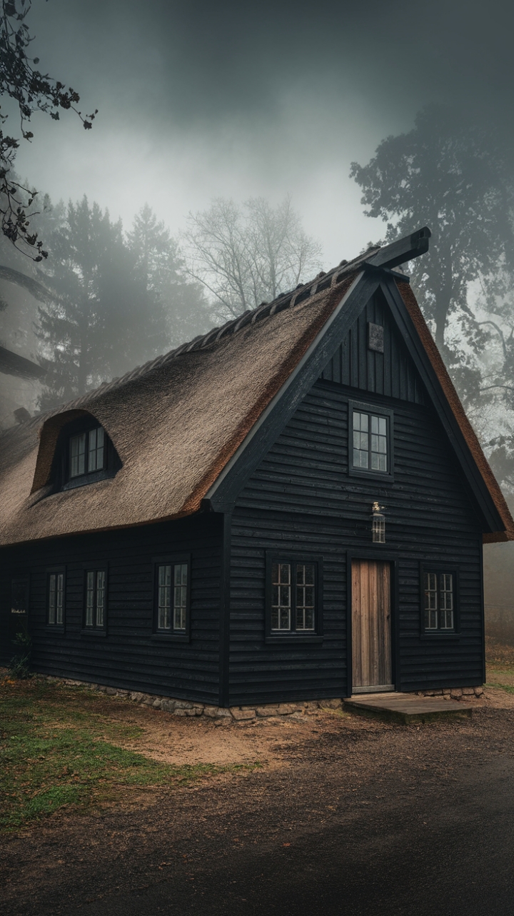 Rustic Darkness: The Allure of a Black Wood Farmhouse Surrounded by Fog