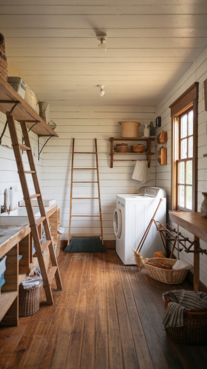 Farmhouse Laundry Nook with Warm Wood Tones and Vintage Charm