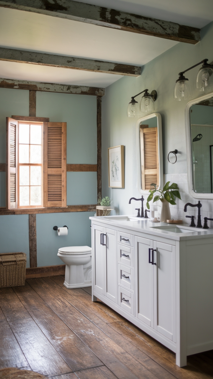 Tranquil Farmhouse Bathroom with Blue Walls and Elegant Details