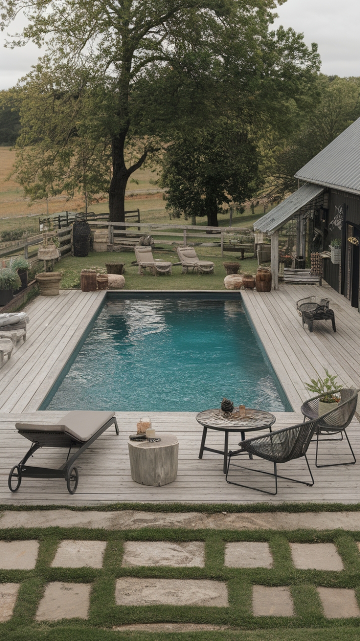 Charming Rustic Pool Retreat in a Modern Farmhouse Setting