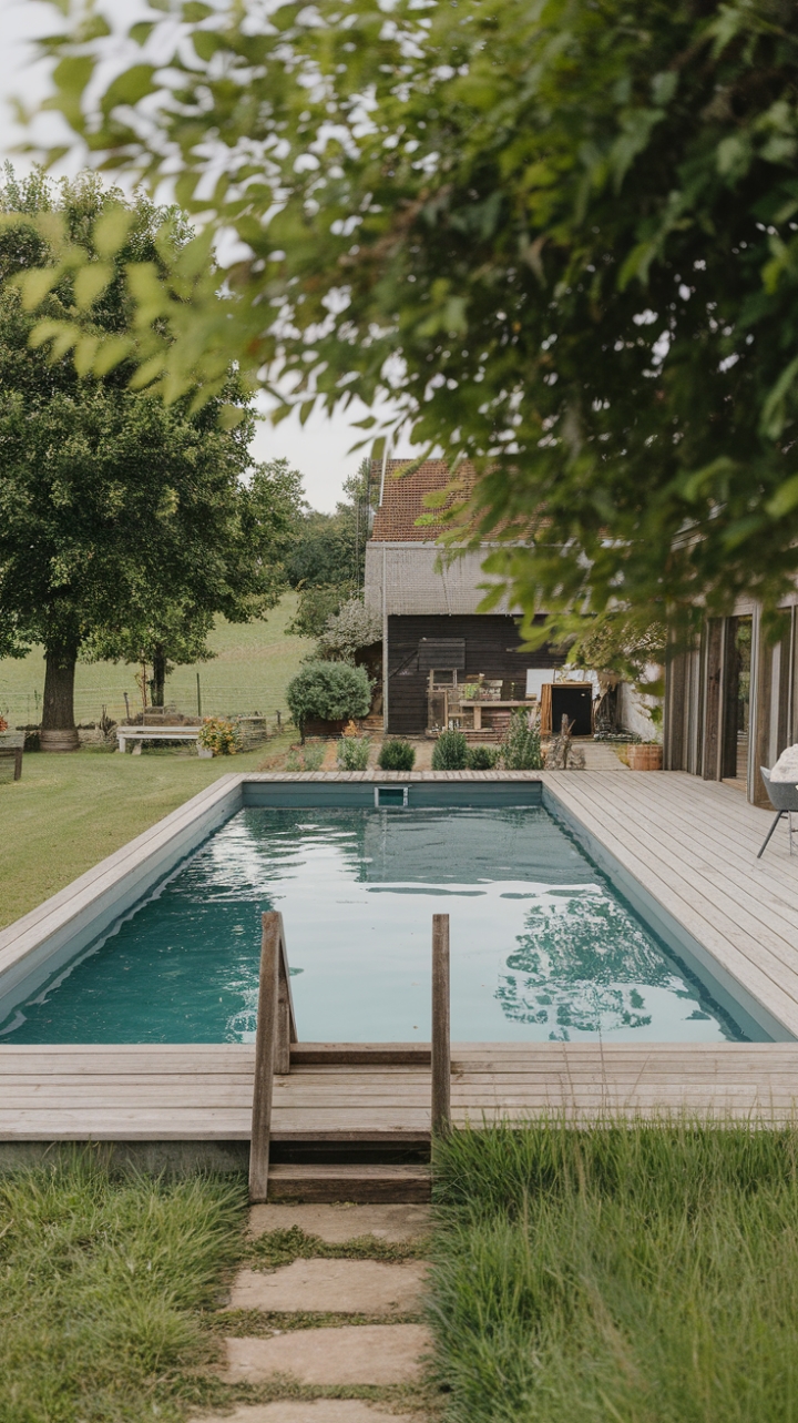 Serene Retreat: Rustic Pool in a Modern Farmhouse Oasis