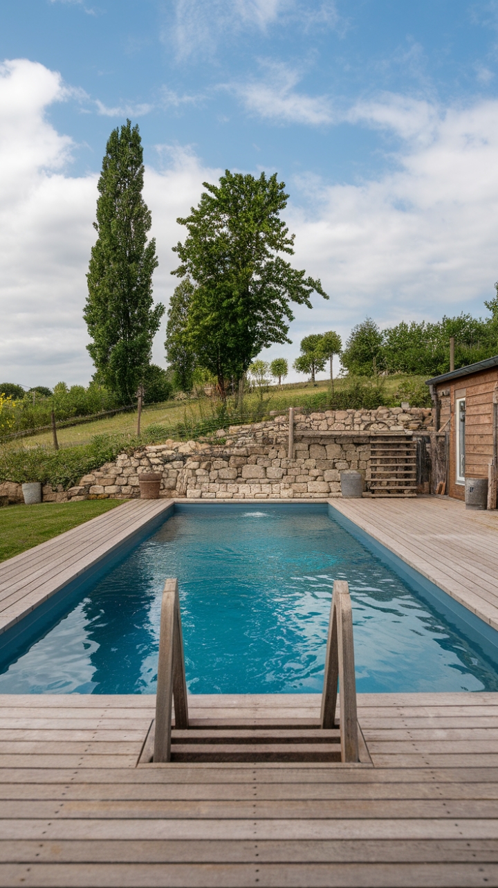 A Serene Backyard Oasis with Wooden Deck and Stone Wall