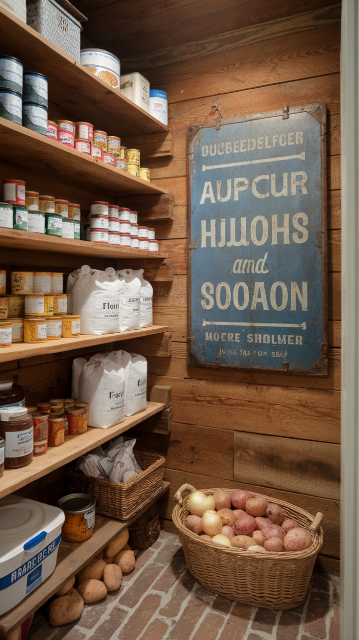 Cozy Brick-Floor Pantry with Warm Wooden Shelves