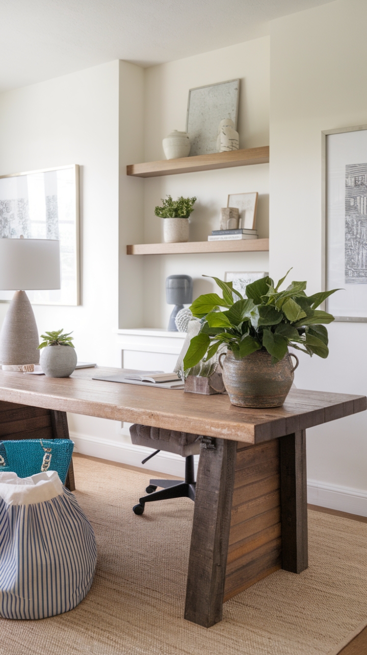 Tranquil Farmhouse-Inspired Workspace with Natural Textures