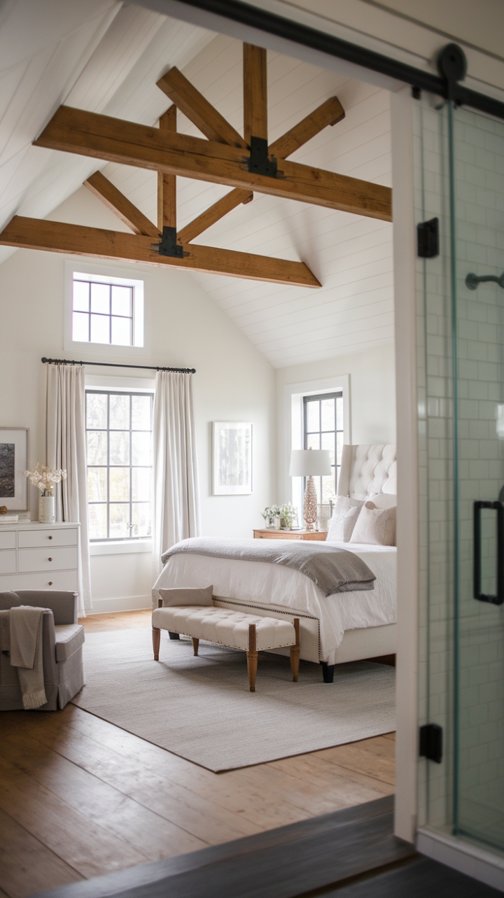 Tranquil Farmhouse Master Bedroom with Exposed Beams and Neutral Elegance