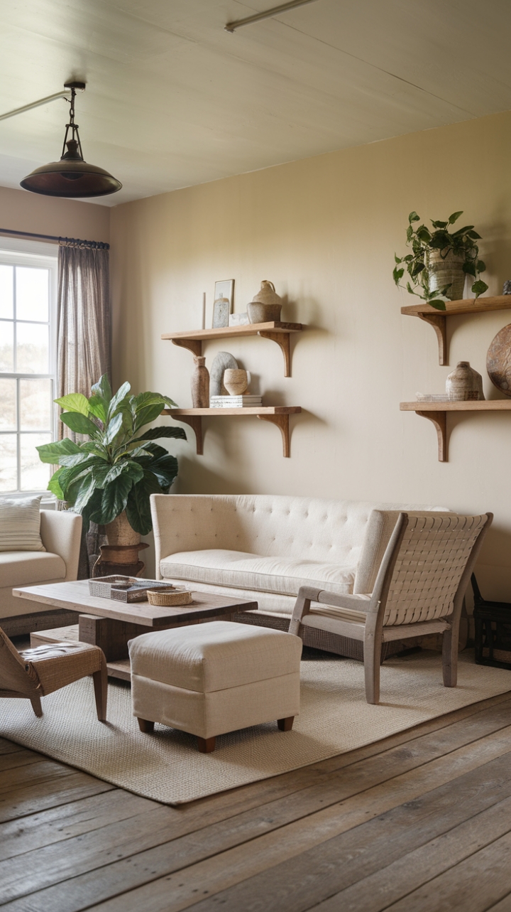 Serene Farmhouse Living Room with Natural Textures and Soft Palette