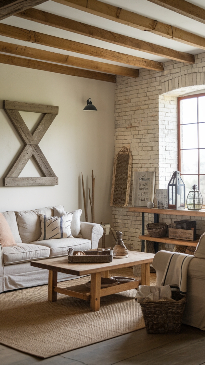 Cozy Farmhouse Retreat with Exposed Brick and Wooden Beams
