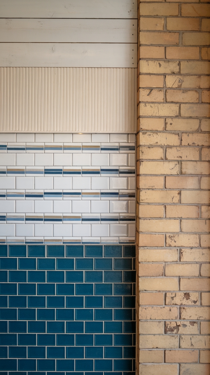 Rustic Charm: Textured Backsplash with Subway Tiles and Vintage Brick