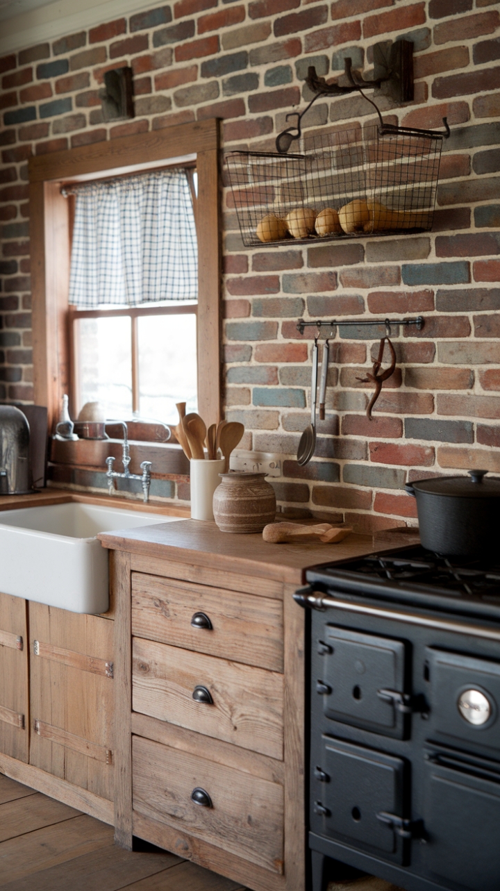 Cozy Kitchen with Wooden Cabinets and Cast Iron Stove