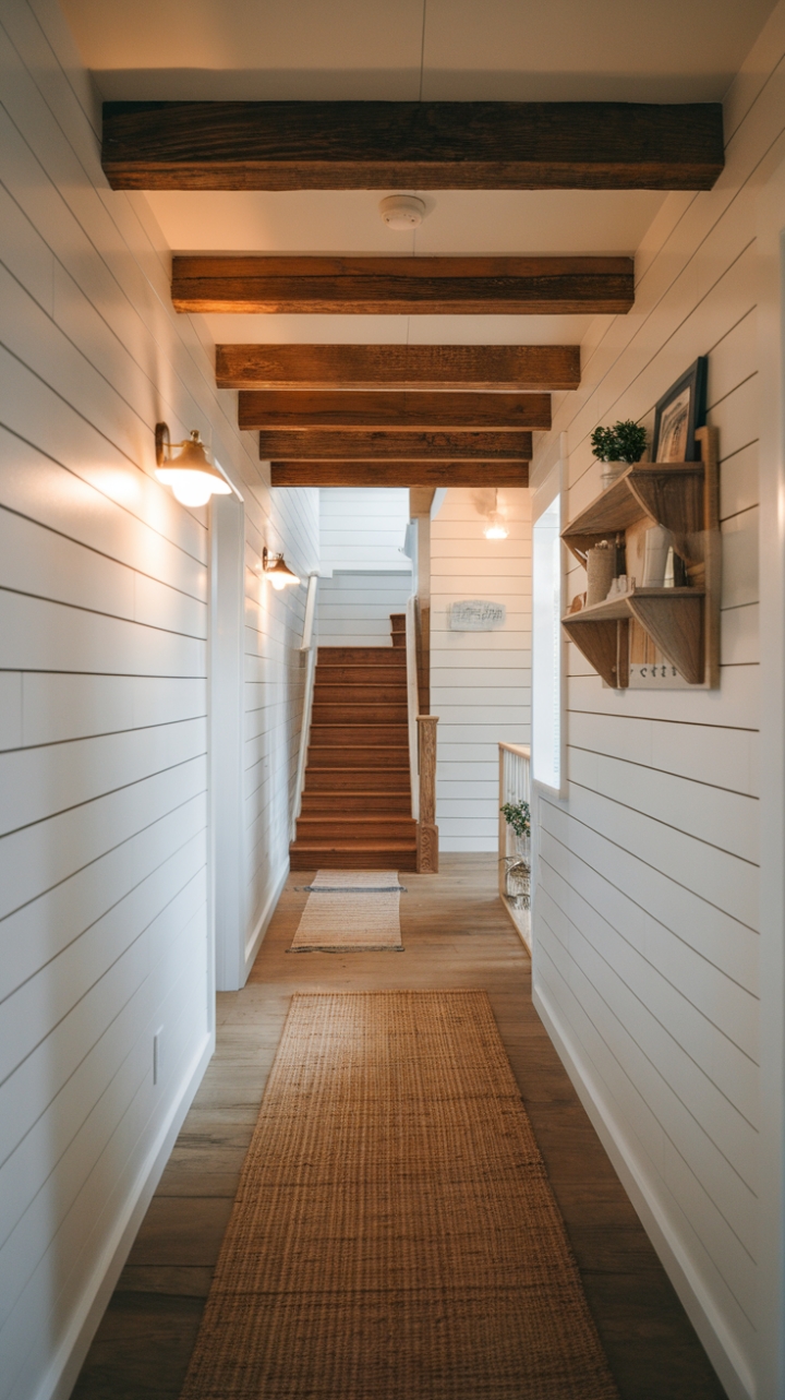 Rustic Charm: A Modern Farmhouse Hallway with Shiplap and Exposed Beams