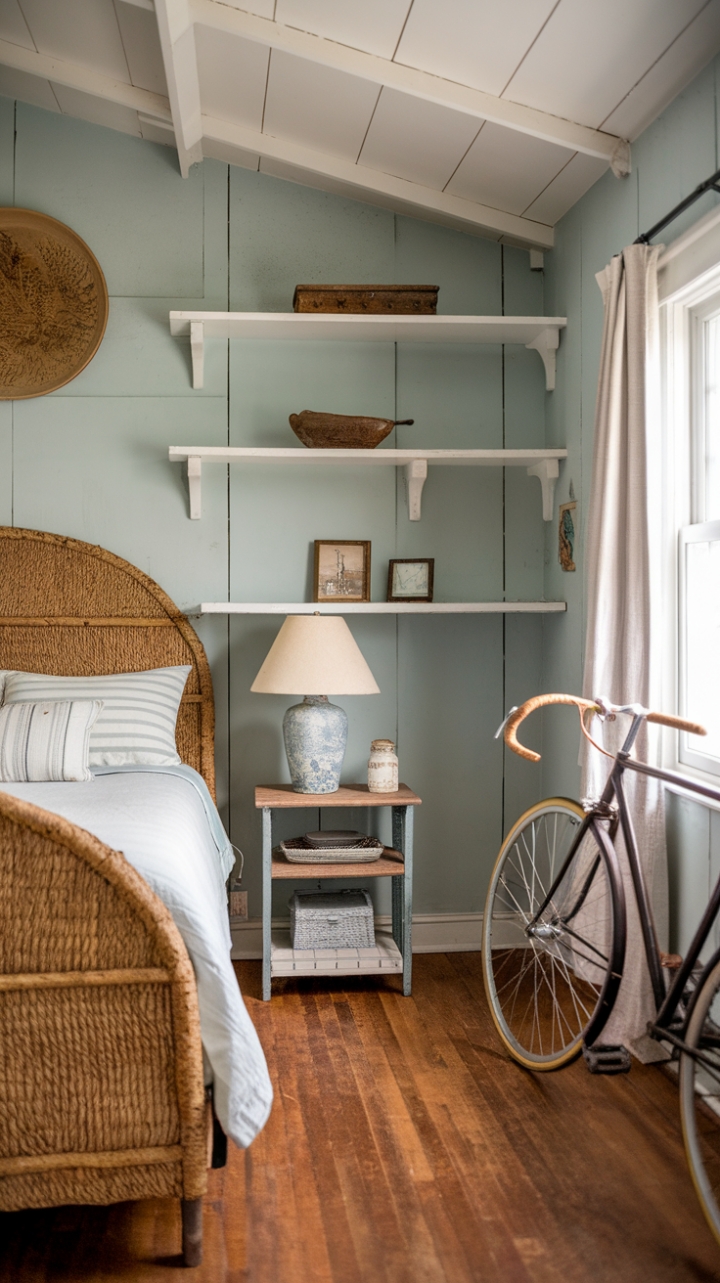 Rustic Charm: Cozy Farmhouse Bedroom with Woven Headboard and Vintage Touches