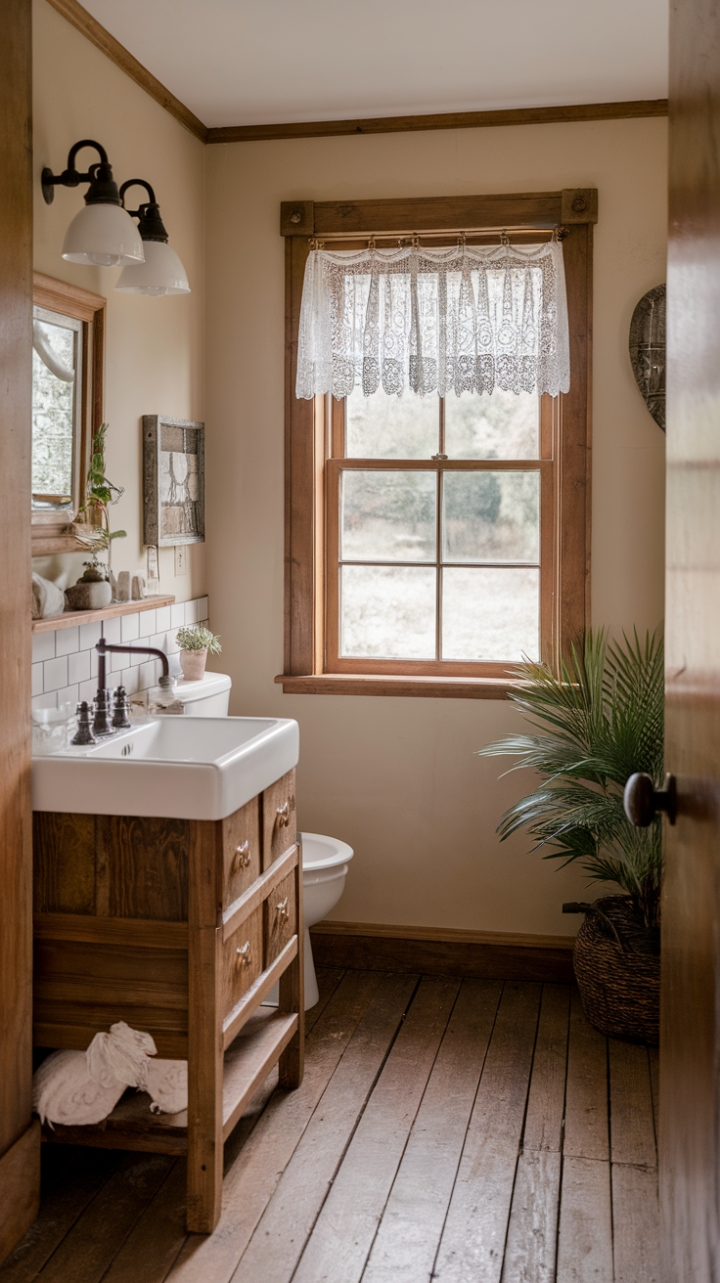 Inviting Farmhouse Guest Bath with Vintage Touches