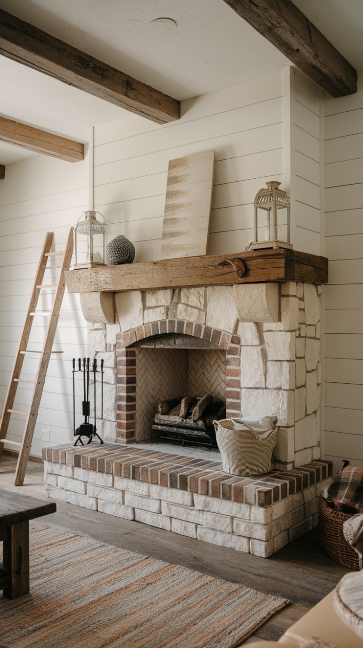 Warmth and Elegance in a Farmhouse Living Space with Exposed Beams and Lantern Accents