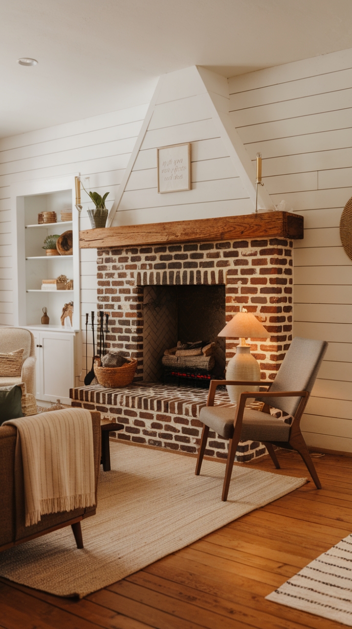Warmth & Style: Rustic Living Room with Brick Fireplace and Shiplap Details
