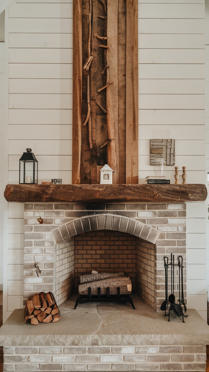 Inviting Country Style with Shiplap Walls and Brick Fireplace