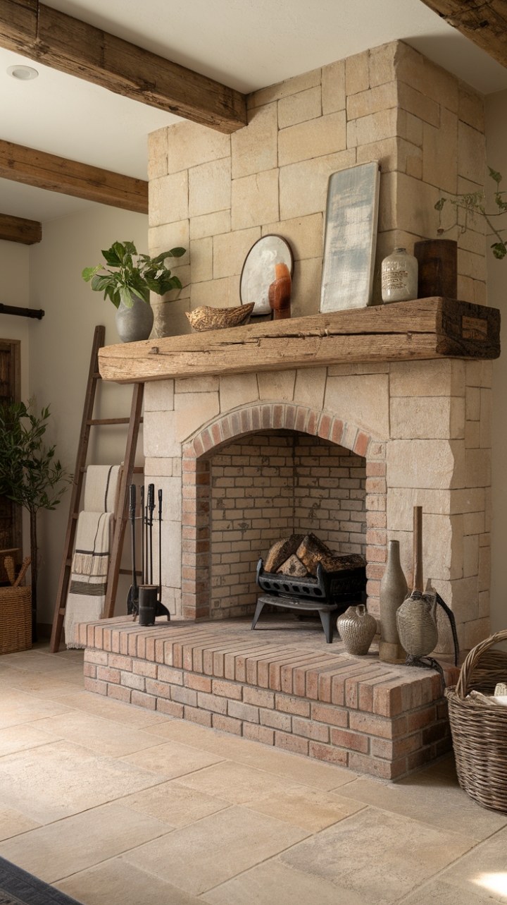 Rustic Charm: A Timeless Stone Fireplace with Brick and Wood Details