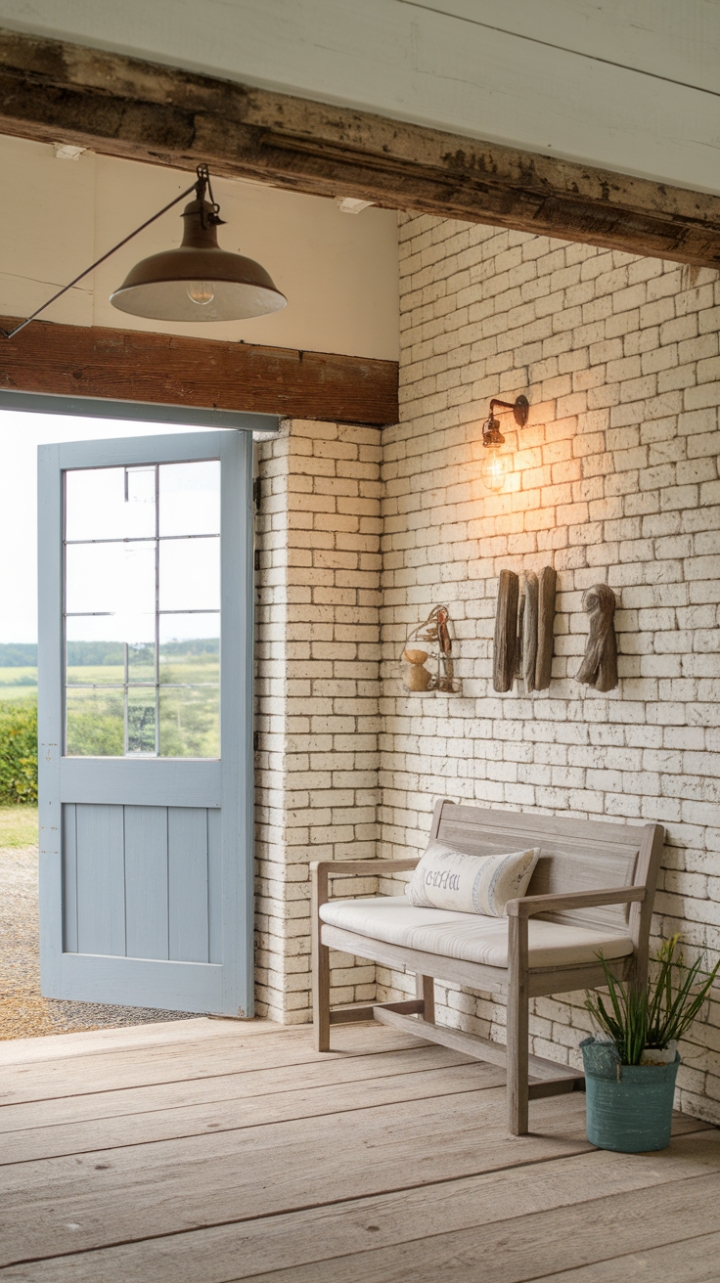Inviting Farmhouse Entrance Featuring Whitewashed Brick and Worn Wood Floors