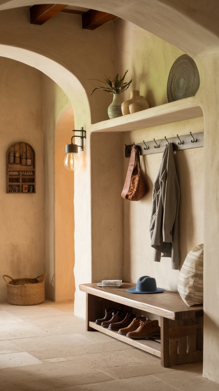 Inviting Entrance: Blending Rustic Textures with Cozy Lighting